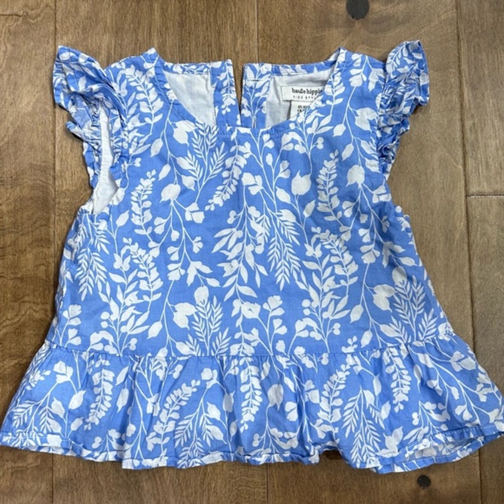 Haute Hippe Blue Floral Ruffle Sleeve Girls Top 4 xs
